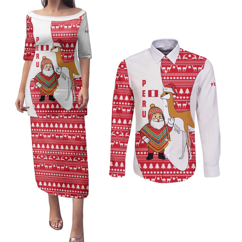 Peru Christmas Couples Matching Puletasi and Long Sleeve Button Shirt with Santa Claus Vicuña Andean Poncho and Red Festive Pattern Design - Wonder Print Shop
