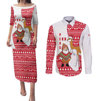 Peru Christmas Couples Matching Puletasi and Long Sleeve Button Shirt with Santa Claus Vicuña Andean Poncho and Red Festive Pattern Design - Wonder Print Shop
