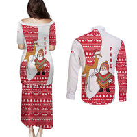 Peru Christmas Couples Matching Puletasi and Long Sleeve Button Shirt with Santa Claus Vicuña Andean Poncho and Red Festive Pattern Design - Wonder Print Shop