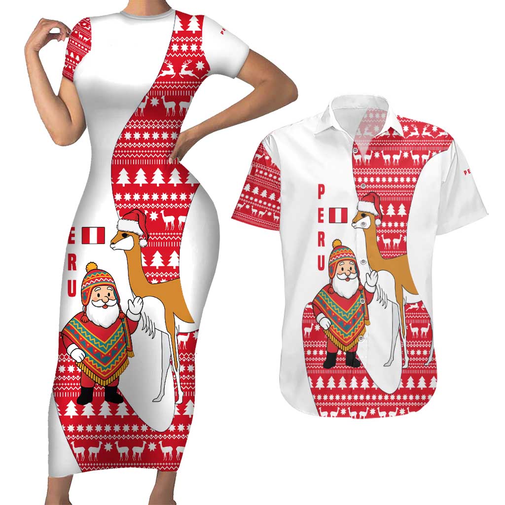 Peru Christmas Couples Matching Short Sleeve Bodycon Dress and Hawaiian Shirt with Santa Claus Vicuña Andean Poncho and Red Festive Pattern Design - Wonder Print Shop