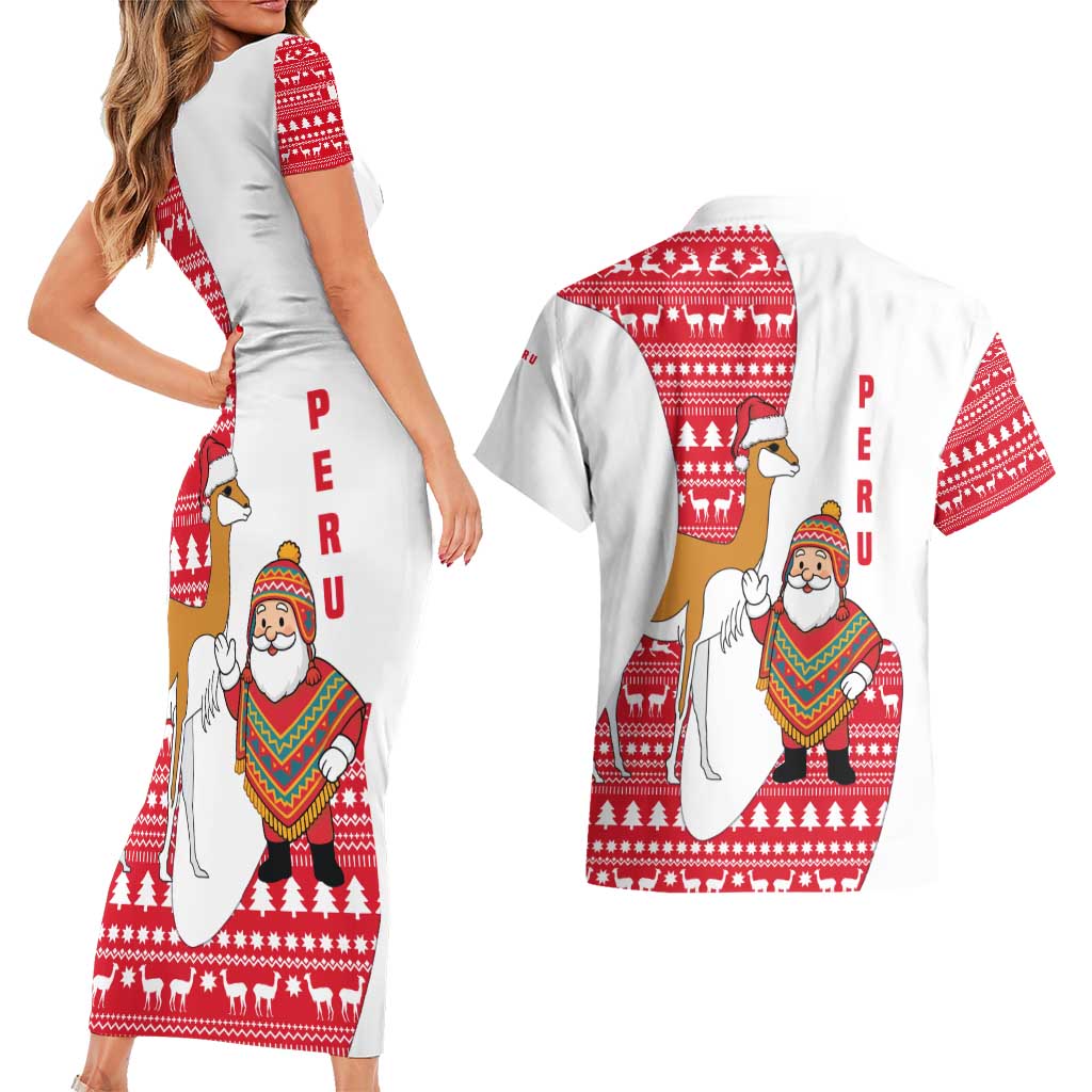 Peru Christmas Couples Matching Short Sleeve Bodycon Dress and Hawaiian Shirt with Santa Claus Vicuña Andean Poncho and Red Festive Pattern Design - Wonder Print Shop