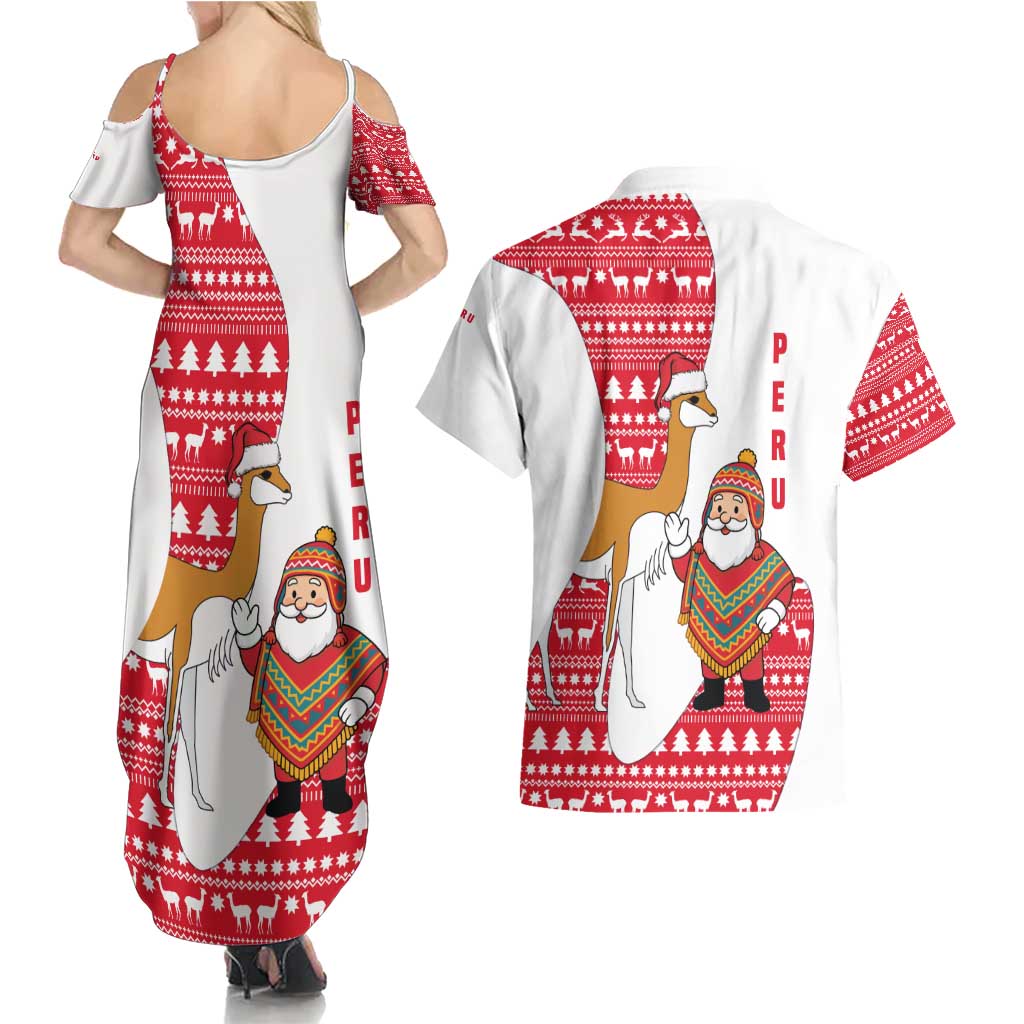 Peru Christmas Couples Matching Summer Maxi Dress and Hawaiian Shirt with Santa Claus Vicuña Andean Poncho and Red Festive Pattern Design - Wonder Print Shop