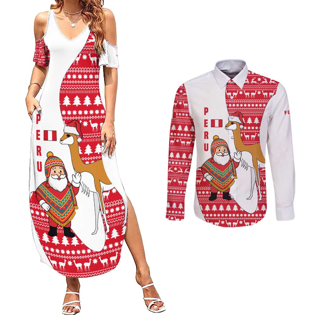 Peru Christmas Couples Matching Summer Maxi Dress and Long Sleeve Button Shirt with Santa Claus Vicuña Andean Poncho and Red Festive Pattern Design - Wonder Print Shop