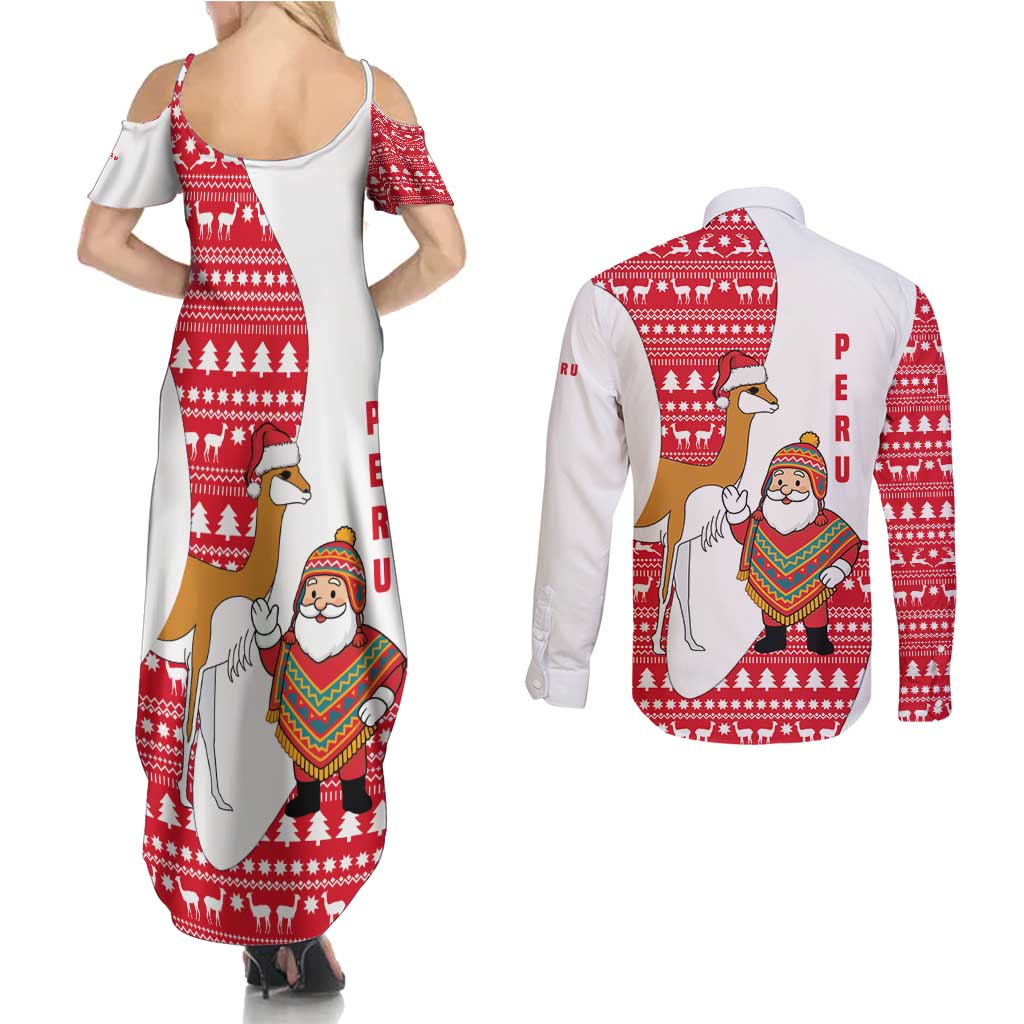 Peru Christmas Couples Matching Summer Maxi Dress and Long Sleeve Button Shirt with Santa Claus Vicuña Andean Poncho and Red Festive Pattern Design - Wonder Print Shop