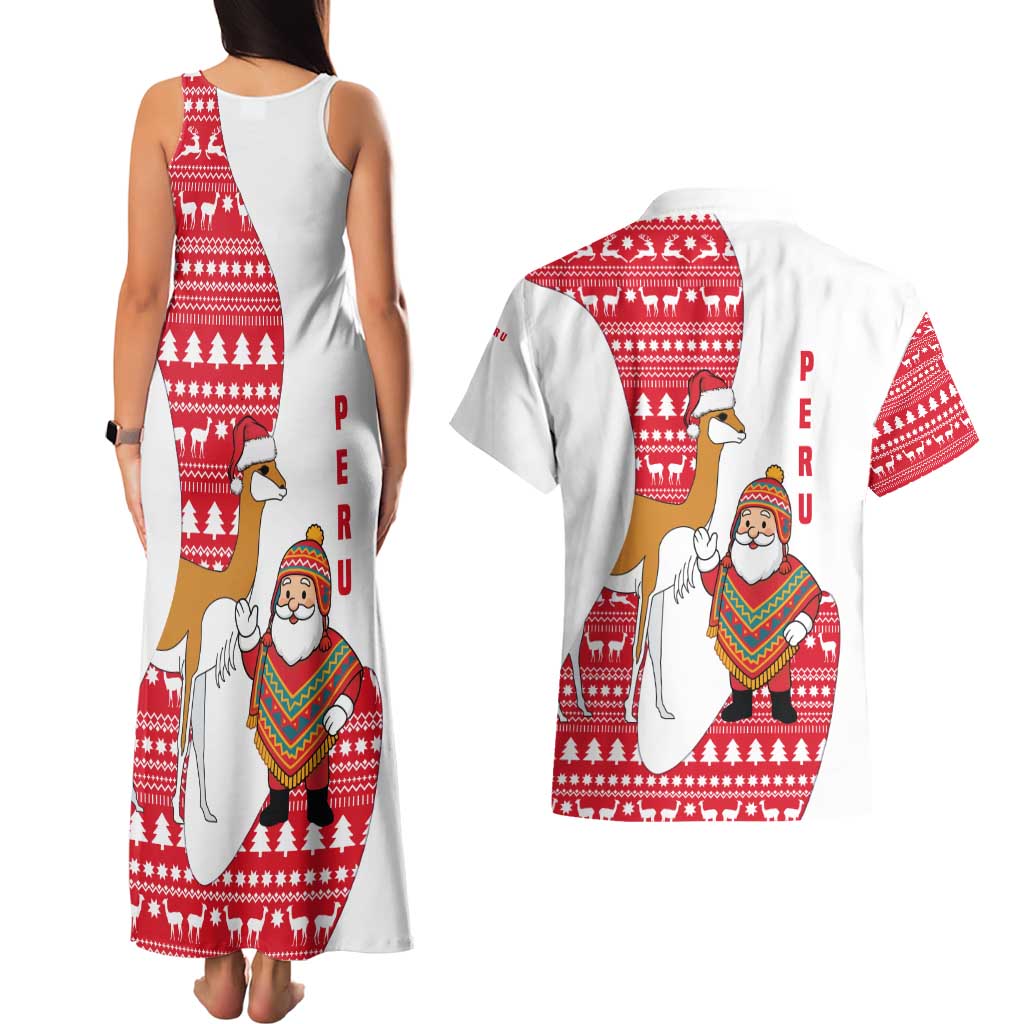 Peru Christmas Couples Matching Tank Maxi Dress and Hawaiian Shirt with Santa Claus Vicuña Andean Poncho and Red Festive Pattern Design - Wonder Print Shop