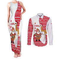 Peru Christmas Couples Matching Tank Maxi Dress and Long Sleeve Button Shirt with Santa Claus Vicuña Andean Poncho and Red Festive Pattern Design - Wonder Print Shop