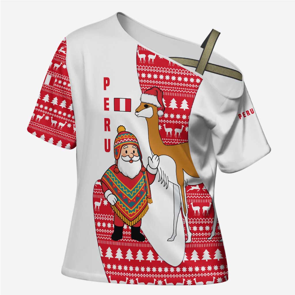 Peru Christmas Cross Shoulder Shirt with Santa Claus Vicuña Andean Poncho and Red Festive Pattern Design - Wonder Print Shop