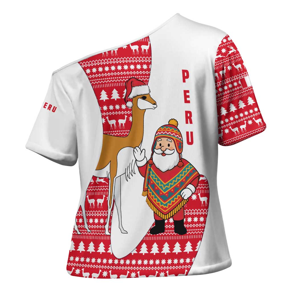 Peru Christmas Cross Shoulder Shirt with Santa Claus Vicuña Andean Poncho and Red Festive Pattern Design - Wonder Print Shop