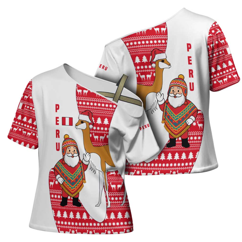 Peru Christmas Cross Shoulder Shirt with Santa Claus Vicuña Andean Poncho and Red Festive Pattern Design - Wonder Print Shop