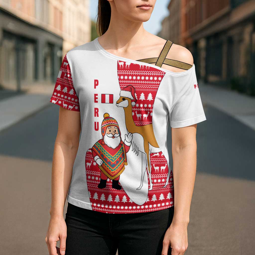 Peru Christmas Cross Shoulder Shirt with Santa Claus Vicuña Andean Poncho and Red Festive Pattern Design - Wonder Print Shop