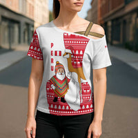 Peru Christmas Cross Shoulder Shirt with Santa Claus Vicuña Andean Poncho and Red Festive Pattern Design - Wonder Print Shop