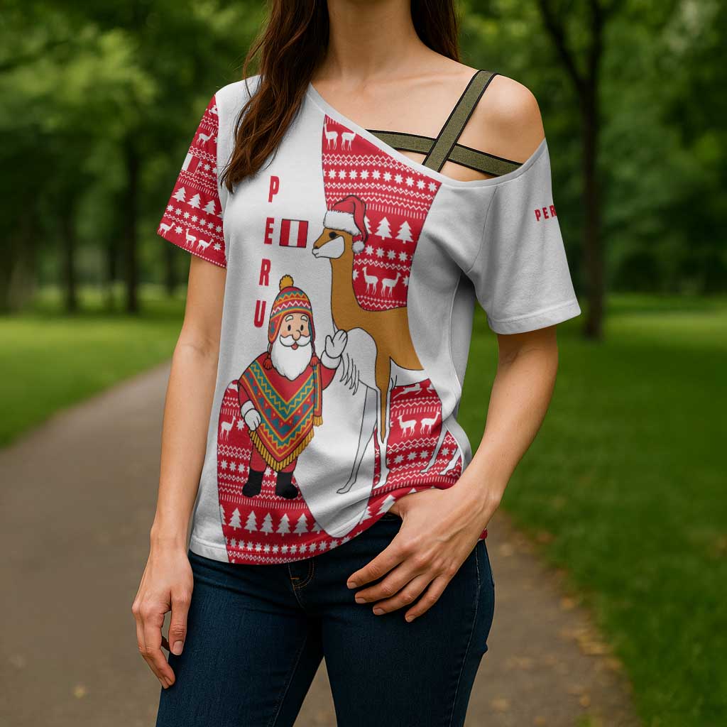 Peru Christmas Cross Shoulder Shirt with Santa Claus Vicuña Andean Poncho and Red Festive Pattern Design - Wonder Print Shop