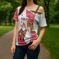 Peru Christmas Cross Shoulder Shirt with Santa Claus Vicuña Andean Poncho and Red Festive Pattern Design - Wonder Print Shop