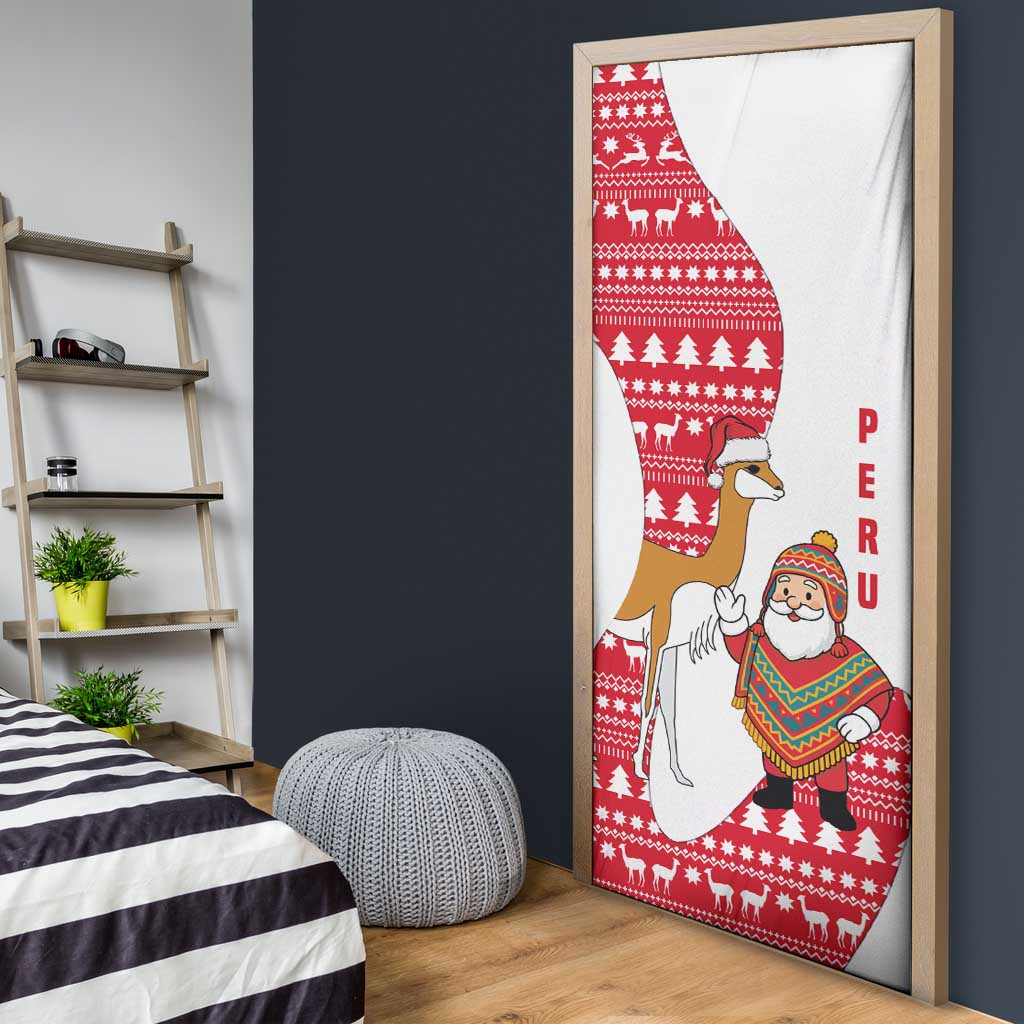 Peru Christmas Door Cover with Santa Claus Vicuña Andean Poncho and Red Festive Pattern Design - Wonder Print Shop