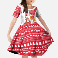 Peru Christmas Family Matching Long Sleeve Bodycon Dress and Hawaiian Shirt with Santa Claus Vicuña Andean Poncho and Red Festive Pattern Design - Wonder Print Shop