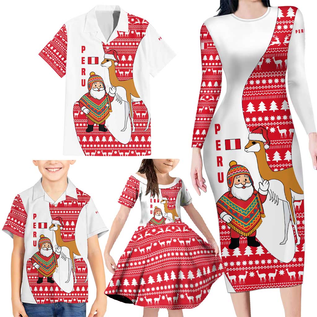 Peru Christmas Family Matching Long Sleeve Bodycon Dress and Hawaiian Shirt with Santa Claus Vicuña Andean Poncho and Red Festive Pattern Design - Wonder Print Shop