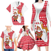 Peru Christmas Family Matching Long Sleeve Bodycon Dress and Hawaiian Shirt with Santa Claus Vicuña Andean Poncho and Red Festive Pattern Design - Wonder Print Shop