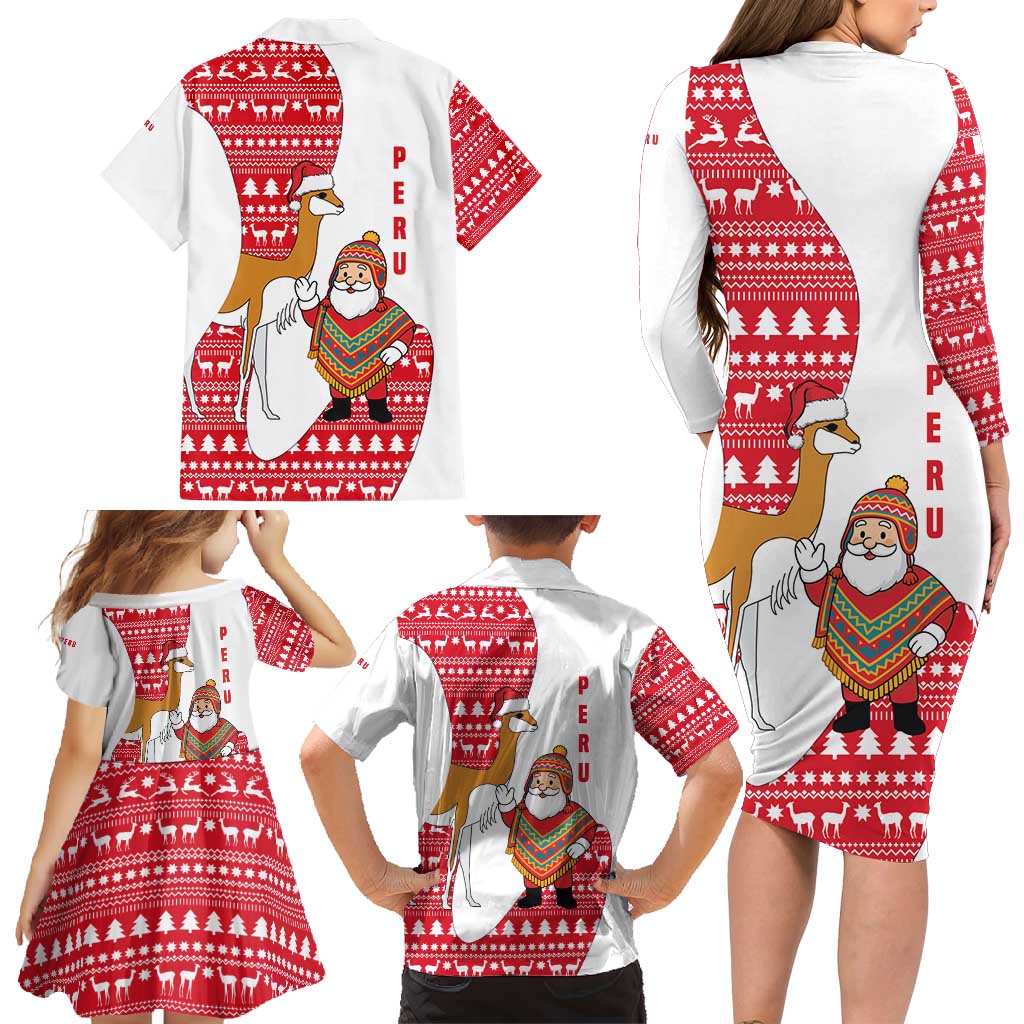 Peru Christmas Family Matching Long Sleeve Bodycon Dress and Hawaiian Shirt with Santa Claus Vicuña Andean Poncho and Red Festive Pattern Design - Wonder Print Shop