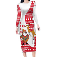 Peru Christmas Family Matching Long Sleeve Bodycon Dress and Hawaiian Shirt with Santa Claus Vicuña Andean Poncho and Red Festive Pattern Design - Wonder Print Shop