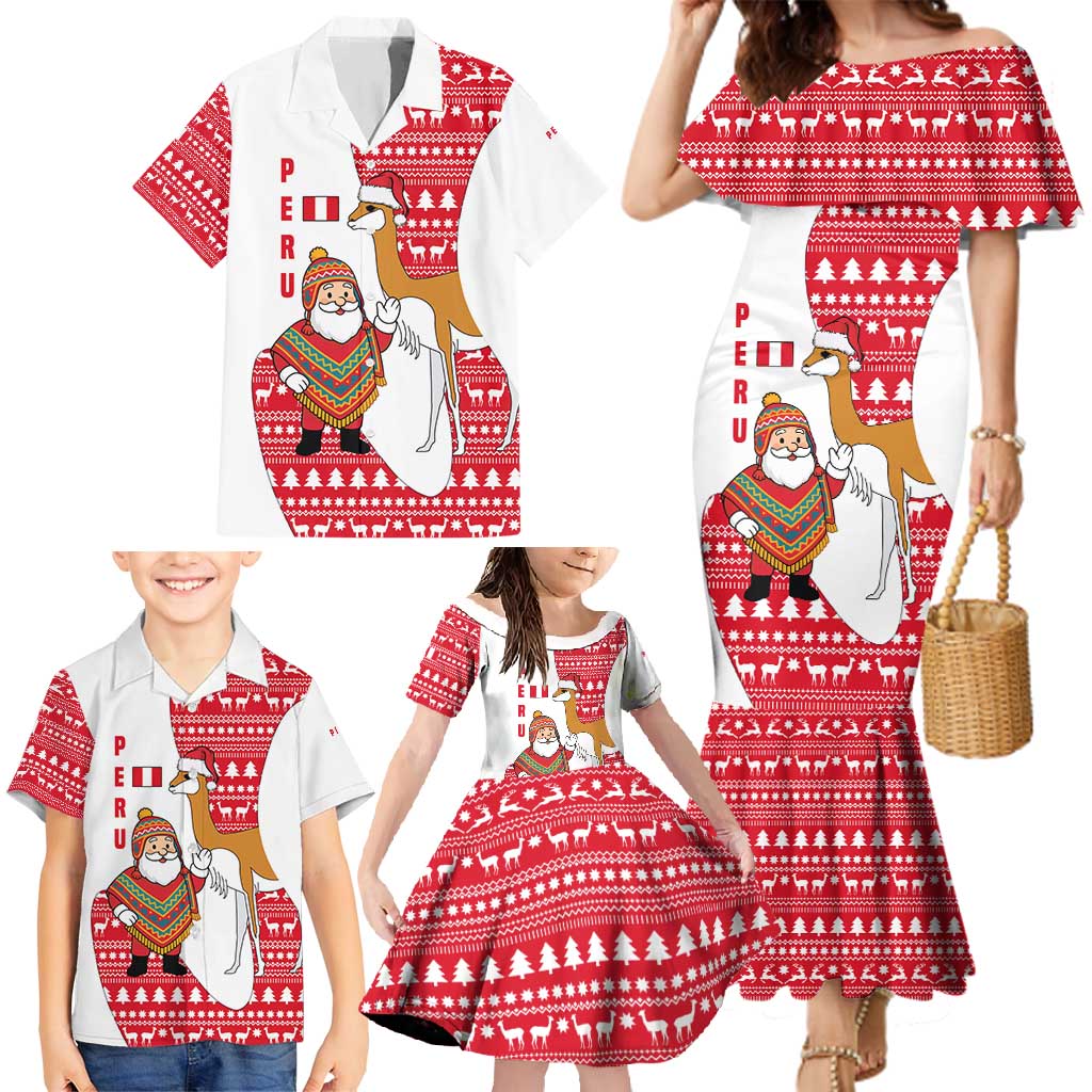 Peru Christmas Family Matching Mermaid Dress and Hawaiian Shirt with Santa Claus Vicuña Andean Poncho and Red Festive Pattern Design - Wonder Print Shop