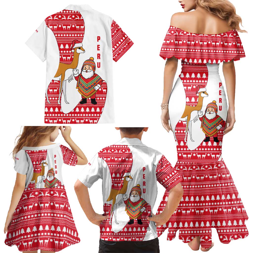 Peru Christmas Family Matching Mermaid Dress and Hawaiian Shirt with Santa Claus Vicuña Andean Poncho and Red Festive Pattern Design - Wonder Print Shop