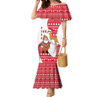 Peru Christmas Family Matching Mermaid Dress and Hawaiian Shirt with Santa Claus Vicuña Andean Poncho and Red Festive Pattern Design - Wonder Print Shop