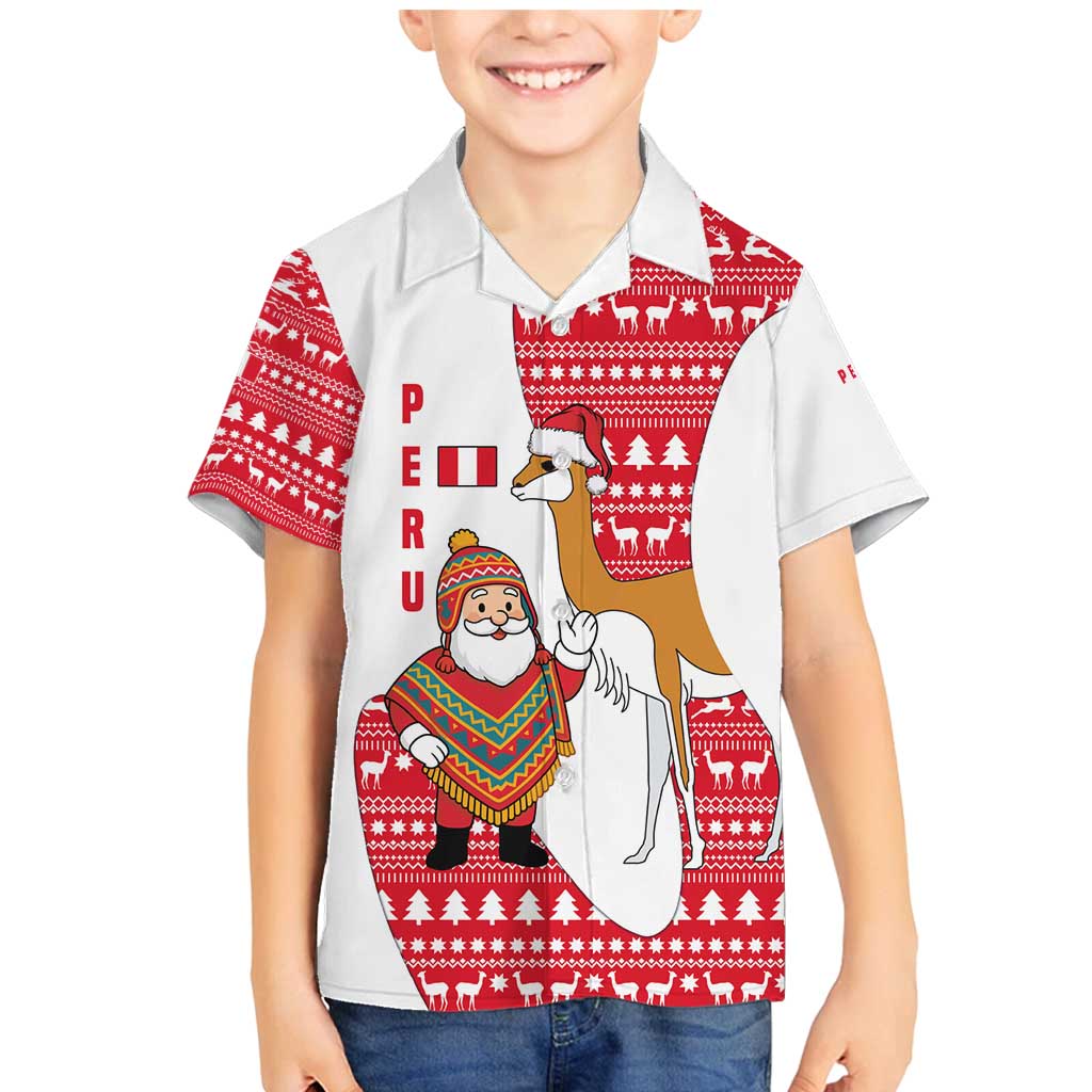 Peru Christmas Family Matching Mermaid Dress and Hawaiian Shirt with Santa Claus Vicuña Andean Poncho and Red Festive Pattern Design - Wonder Print Shop