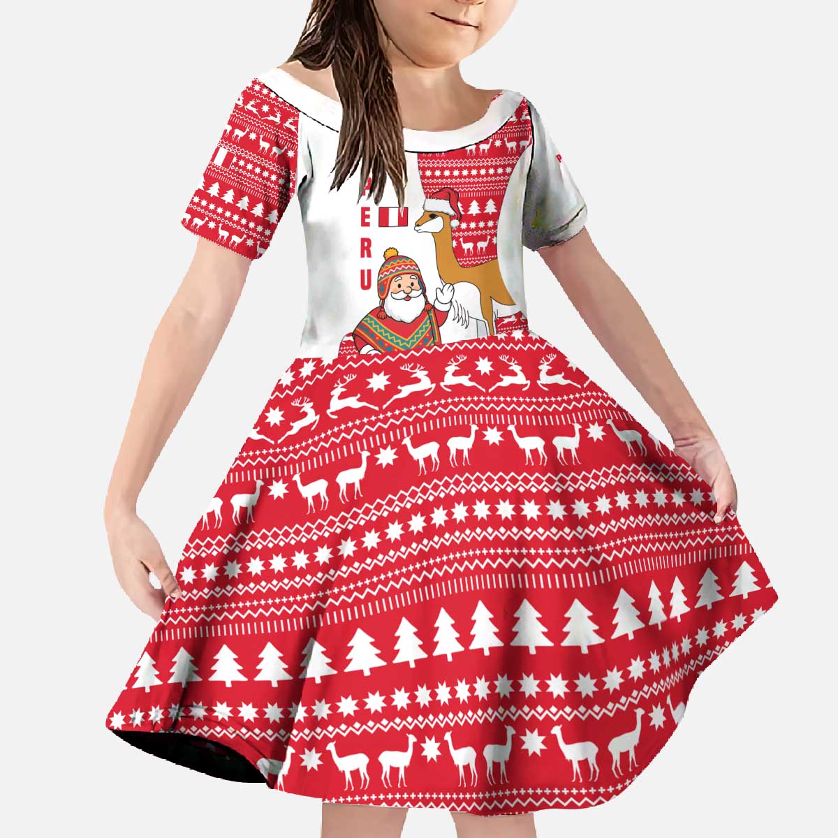 Peru Christmas Family Matching Off The Shoulder Long Sleeve Dress and Hawaiian Shirt with Santa Claus Vicuña Andean Poncho and Red Festive Pattern Design - Wonder Print Shop