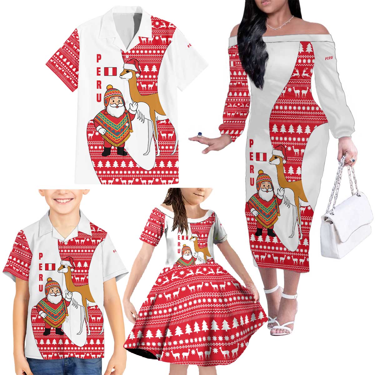Peru Christmas Family Matching Off The Shoulder Long Sleeve Dress and Hawaiian Shirt with Santa Claus Vicuña Andean Poncho and Red Festive Pattern Design - Wonder Print Shop