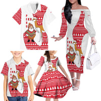 Peru Christmas Family Matching Off The Shoulder Long Sleeve Dress and Hawaiian Shirt with Santa Claus Vicuña Andean Poncho and Red Festive Pattern Design - Wonder Print Shop