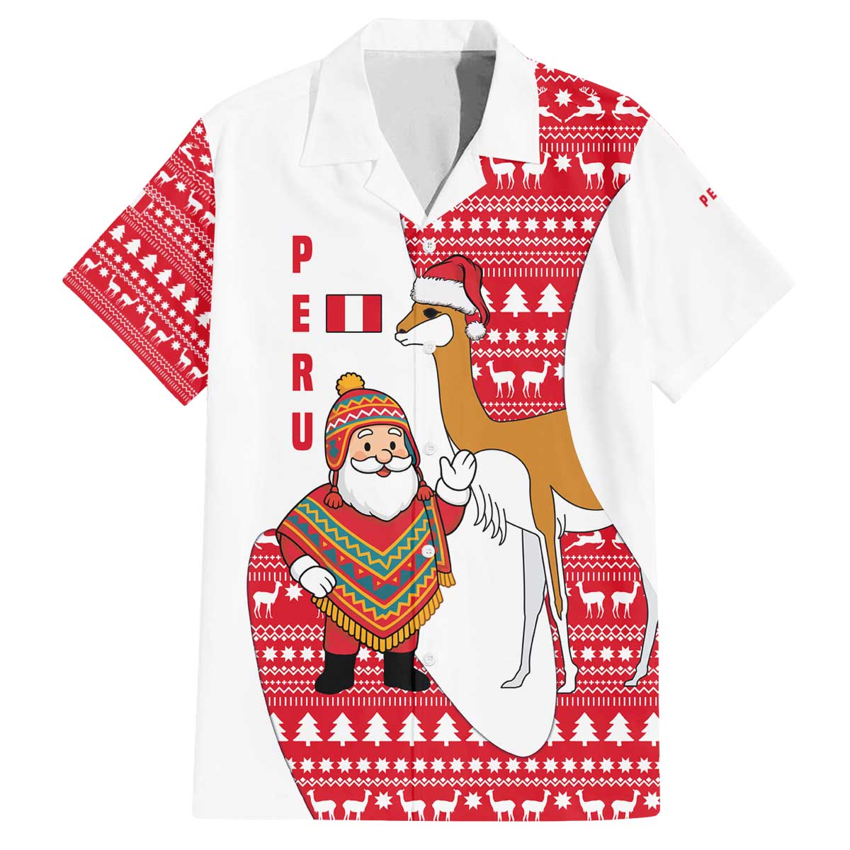 Peru Christmas Family Matching Off The Shoulder Long Sleeve Dress and Hawaiian Shirt with Santa Claus Vicuña Andean Poncho and Red Festive Pattern Design - Wonder Print Shop