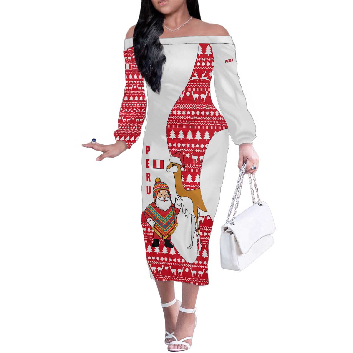 Peru Christmas Family Matching Off The Shoulder Long Sleeve Dress and Hawaiian Shirt with Santa Claus Vicuña Andean Poncho and Red Festive Pattern Design - Wonder Print Shop
