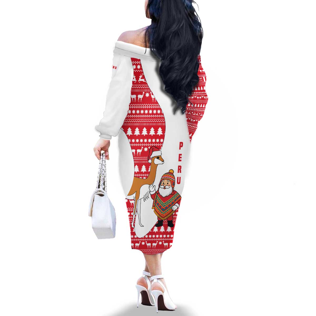 Peru Christmas Family Matching Off The Shoulder Long Sleeve Dress and Hawaiian Shirt with Santa Claus Vicuña Andean Poncho and Red Festive Pattern Design - Wonder Print Shop