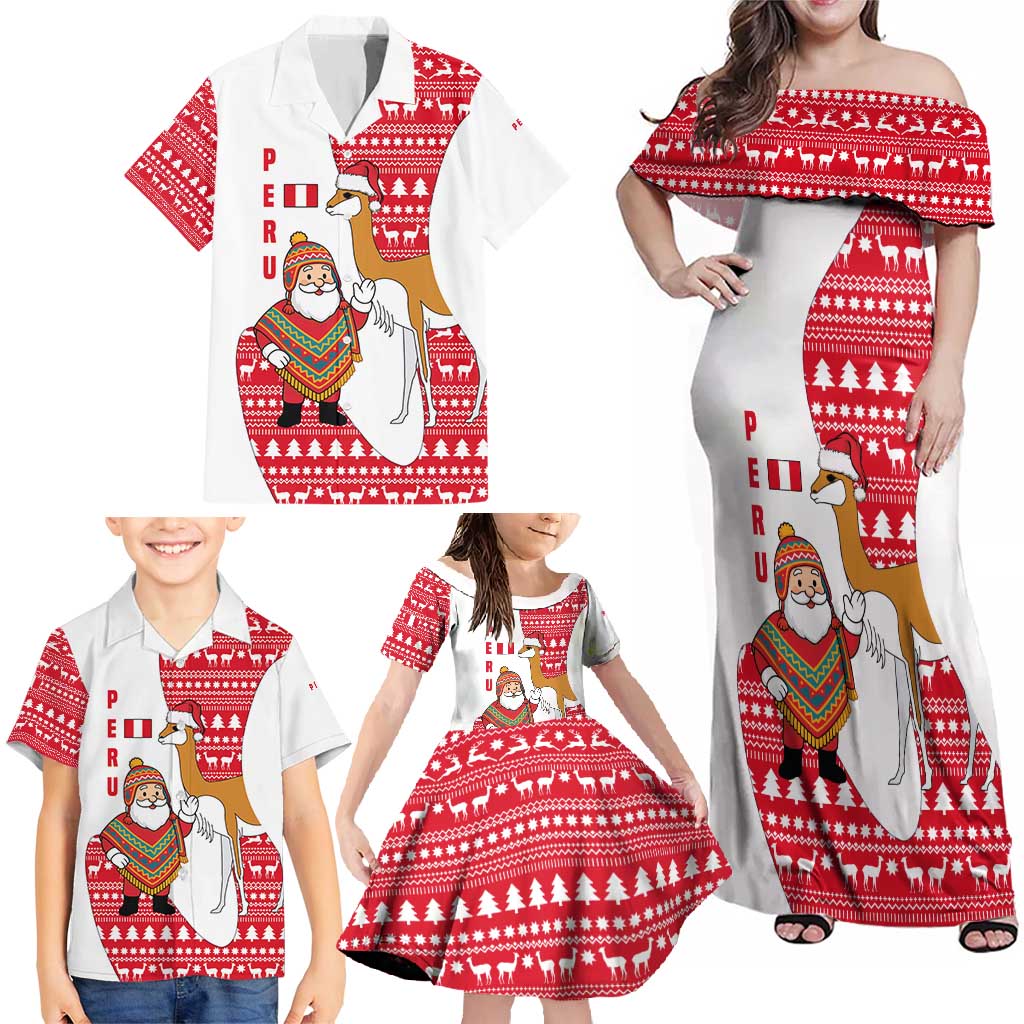 Peru Christmas Family Matching Off Shoulder Maxi Dress and Hawaiian Shirt with Santa Claus Vicuña Andean Poncho and Red Festive Pattern Design - Wonder Print Shop