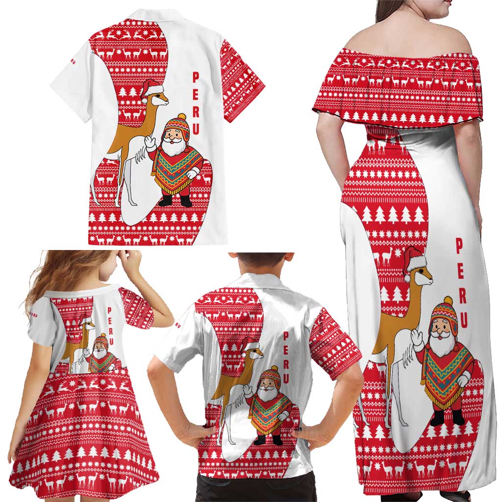 Peru Christmas Family Matching Off Shoulder Maxi Dress and Hawaiian Shirt with Santa Claus Vicuña Andean Poncho and Red Festive Pattern Design - Wonder Print Shop