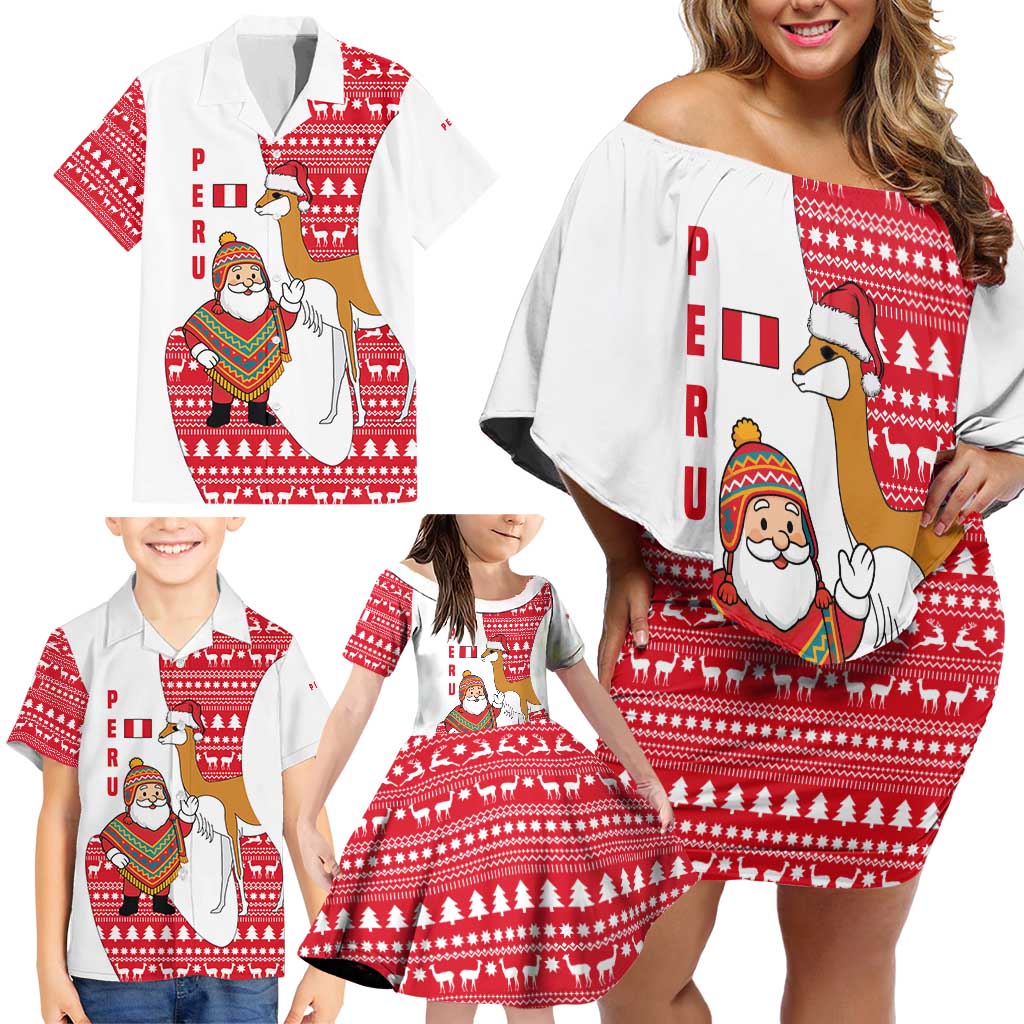 Peru Christmas Family Matching Off Shoulder Short Dress and Hawaiian Shirt with Santa Claus Vicuña Andean Poncho and Red Festive Pattern Design - Wonder Print Shop