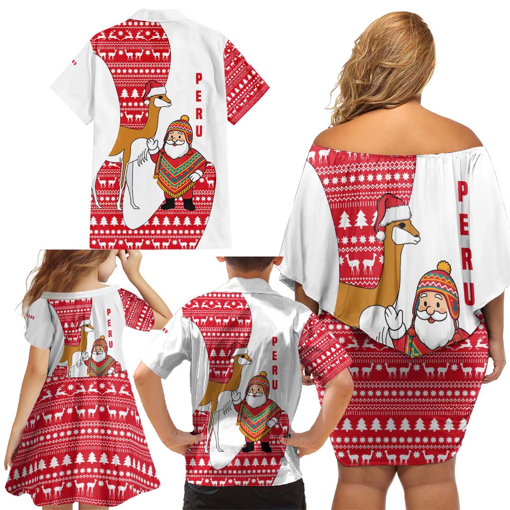 Peru Christmas Family Matching Off Shoulder Short Dress and Hawaiian Shirt with Santa Claus Vicuña Andean Poncho and Red Festive Pattern Design - Wonder Print Shop