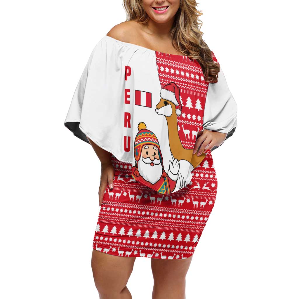 Peru Christmas Family Matching Off Shoulder Short Dress and Hawaiian Shirt with Santa Claus Vicuña Andean Poncho and Red Festive Pattern Design - Wonder Print Shop