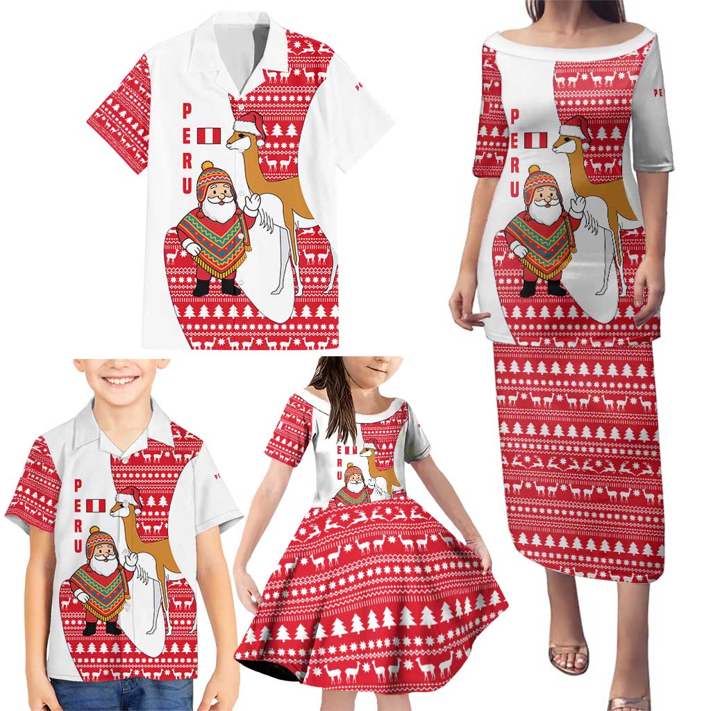 Peru Christmas Family Matching Puletasi and Hawaiian Shirt with Santa Claus Vicuña Andean Poncho and Red Festive Pattern Design - Wonder Print Shop