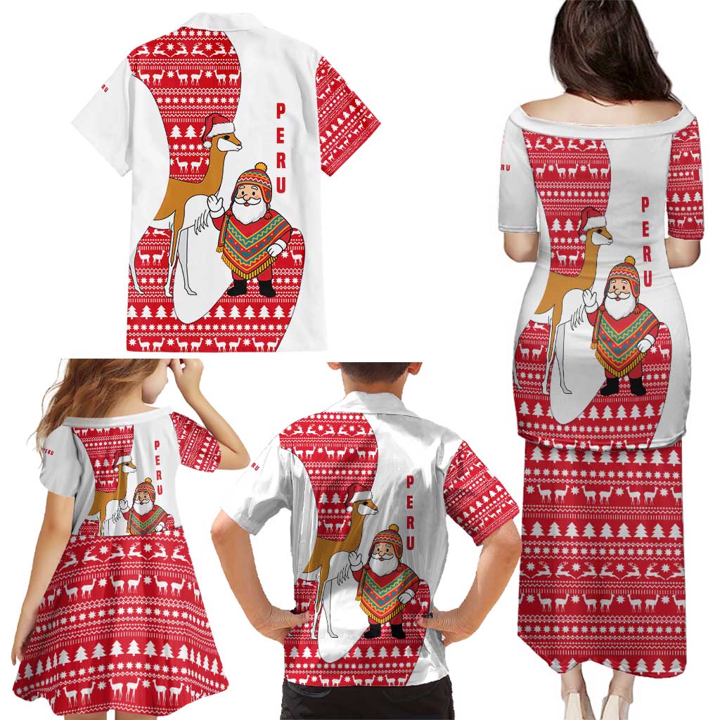 Peru Christmas Family Matching Puletasi and Hawaiian Shirt with Santa Claus Vicuña Andean Poncho and Red Festive Pattern Design - Wonder Print Shop