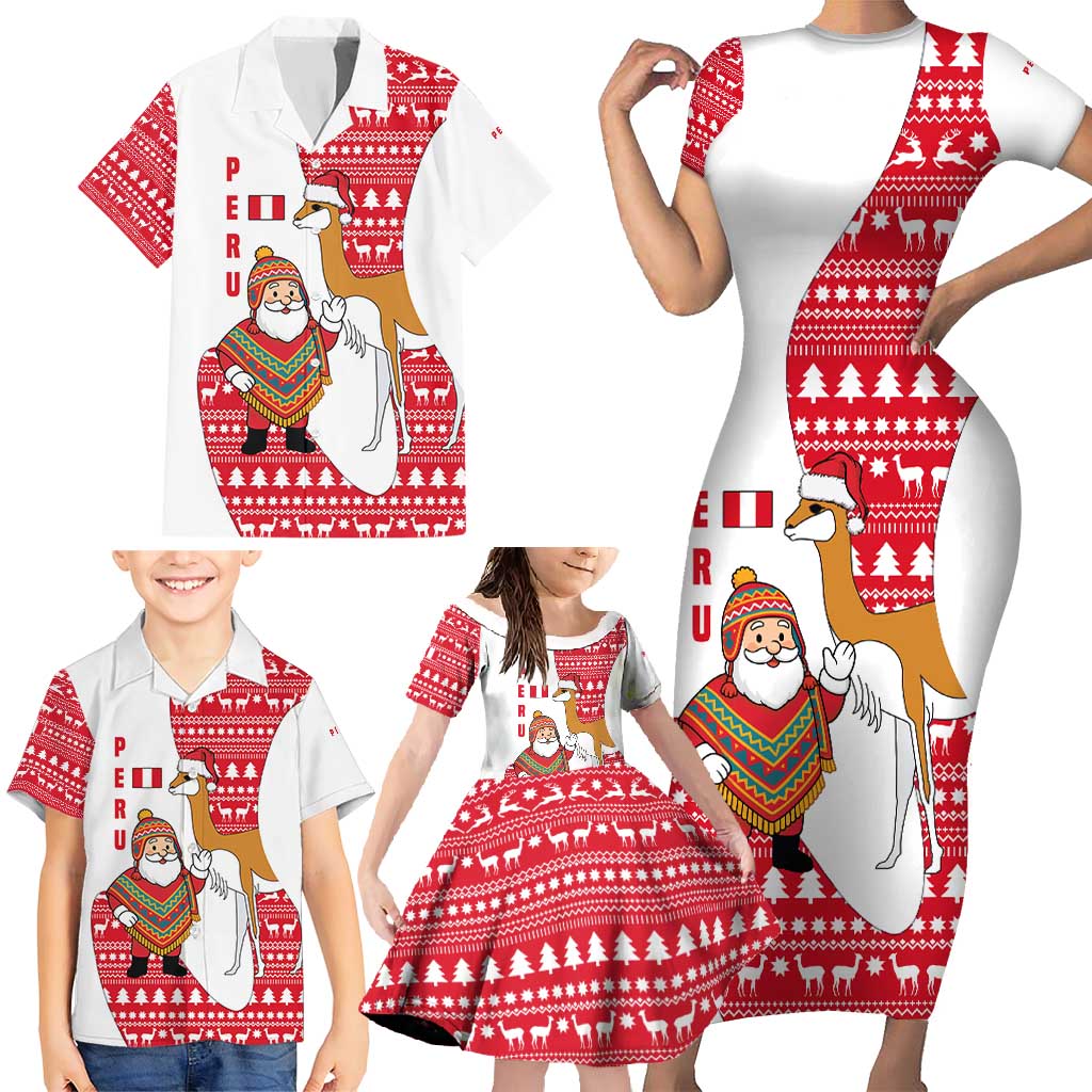 Peru Christmas Family Matching Short Sleeve Bodycon Dress and Hawaiian Shirt with Santa Claus Vicuña Andean Poncho and Red Festive Pattern Design - Wonder Print Shop