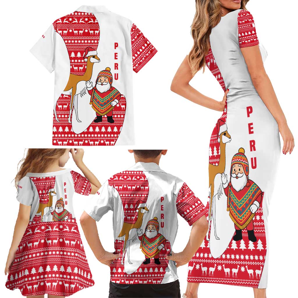 Peru Christmas Family Matching Short Sleeve Bodycon Dress and Hawaiian Shirt with Santa Claus Vicuña Andean Poncho and Red Festive Pattern Design - Wonder Print Shop