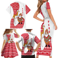 Peru Christmas Family Matching Short Sleeve Bodycon Dress and Hawaiian Shirt with Santa Claus Vicuña Andean Poncho and Red Festive Pattern Design - Wonder Print Shop