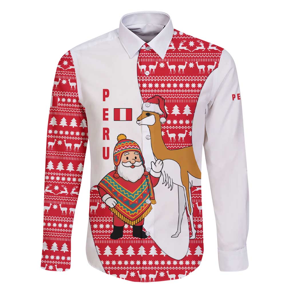 Peru Christmas Family Matching Short Sleeve Bodycon Dress and Hawaiian Shirt with Santa Claus Vicuña Andean Poncho and Red Festive Pattern Design - Wonder Print Shop