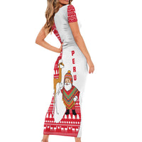 Peru Christmas Family Matching Short Sleeve Bodycon Dress and Hawaiian Shirt with Santa Claus Vicuña Andean Poncho and Red Festive Pattern Design - Wonder Print Shop