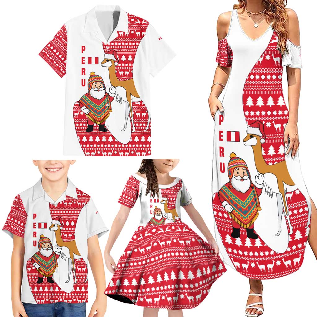 Peru Christmas Family Matching Summer Maxi Dress and Hawaiian Shirt with Santa Claus Vicuña Andean Poncho and Red Festive Pattern Design - Wonder Print Shop