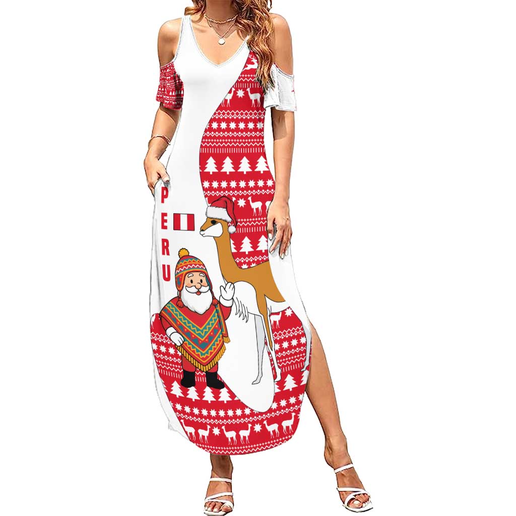 Peru Christmas Family Matching Summer Maxi Dress and Hawaiian Shirt with Santa Claus Vicuña Andean Poncho and Red Festive Pattern Design - Wonder Print Shop