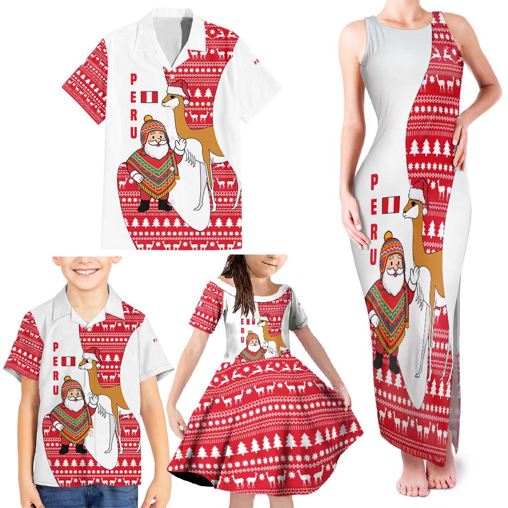 Peru Christmas Family Matching Tank Maxi Dress and Hawaiian Shirt with Santa Claus Vicuña Andean Poncho and Red Festive Pattern Design - Wonder Print Shop