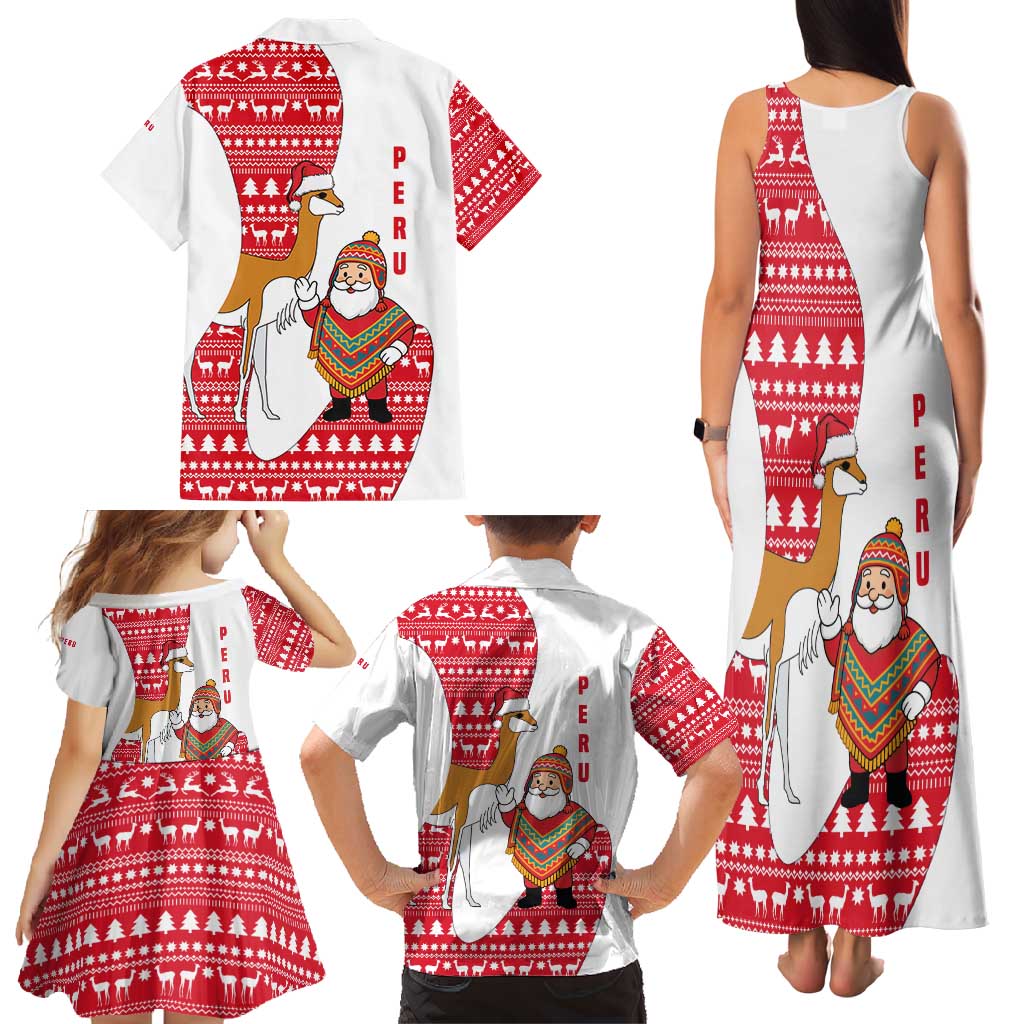 Peru Christmas Family Matching Tank Maxi Dress and Hawaiian Shirt with Santa Claus Vicuña Andean Poncho and Red Festive Pattern Design - Wonder Print Shop