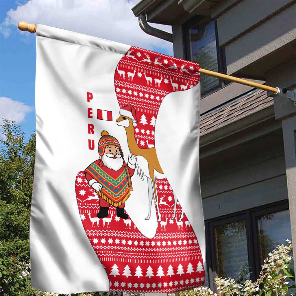 Peru Christmas Garden Flag with Santa Claus Vicuña Andean Poncho and Red Festive Pattern Design - Wonder Print Shop